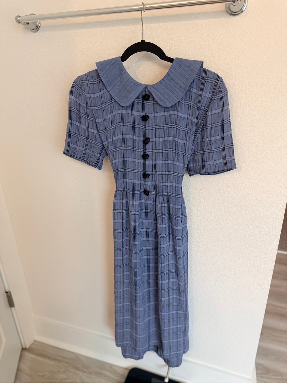 VINTAGE J.B.S. Blue Plaid Midi Dress with Peter Pan Collar
